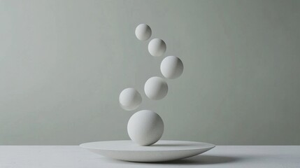 Floating White Spheres Balanced on a Grey Plate