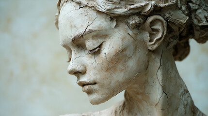 Naklejka premium Close up of a cracked clay sculpture of a serene woman’s face capturing timeless beauty fragility and emotional expression in classical artistic craftsmanship