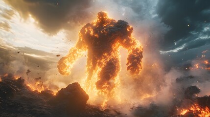 Colossal elemental titan made of stone and fire emerging from the earth surrounded by swirling wind and raw magical power