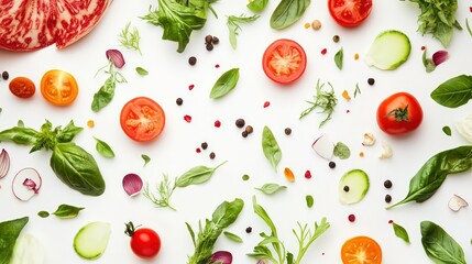 Fresh organic vegetables and herbs composition on white surface, healthy eating concept