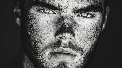 A striking black and white portrait of a mans face