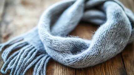 Soft gray woolen scarf with fringes on rustic wooden surface
