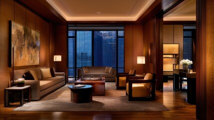 Fototapeta premium A Luxurious Living Room Furnished with Stylish Seating and Lighting