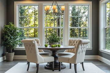 Dining room with large windows, gray walls, beige chair backs, green apples on wooden table, chandelier, and carpeted floor