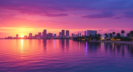 Fototapeta premium City Skyline Reflects on Water at Sunset
