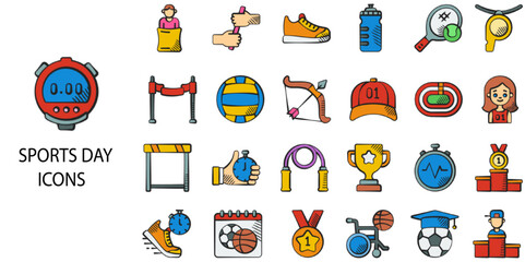 Fototapeta premium Sports day simple concept 24 hand drawn color icons set .Vector illustration.