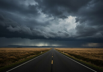 Fototapeta premium A dramatic road leading into a dark stormy sky over a grassy field landscape