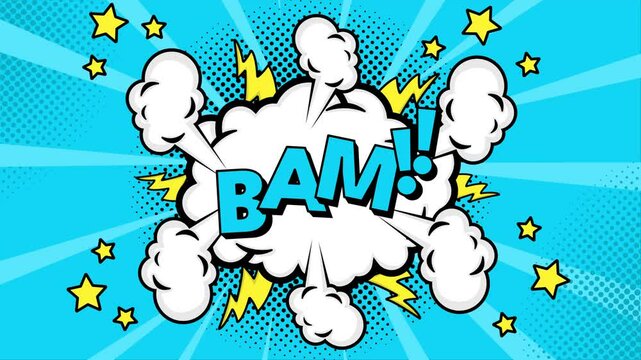 animated motion graphic pop art explosion with text bam!, halftone vintage background style 4K video background