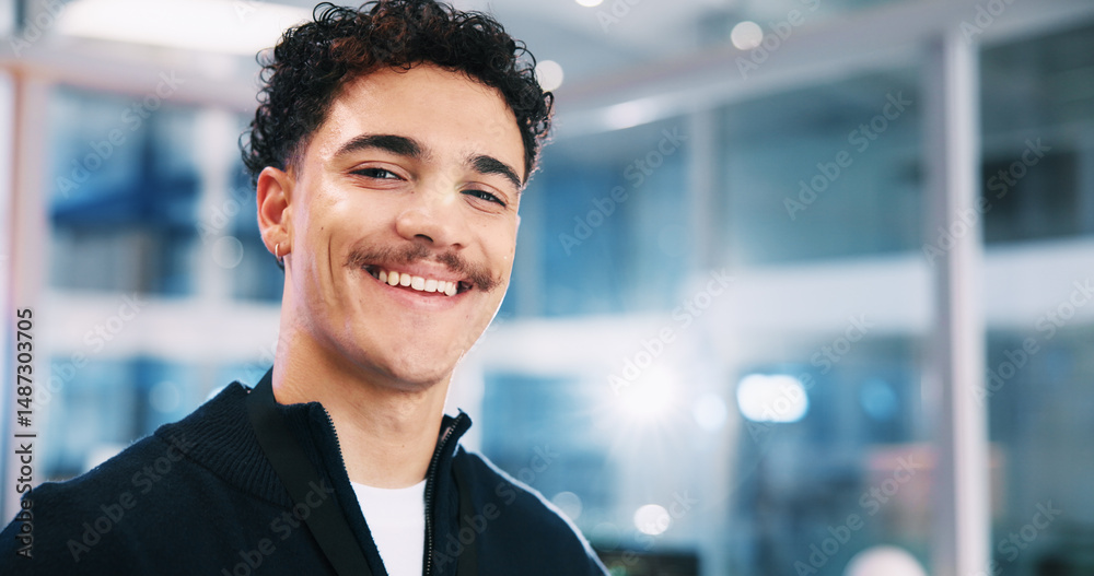 Poster Developer, smile and portrait of man in office for software system or website update. Night, happy web designer or male backend engineer with confidence for company development overtime in workplace
