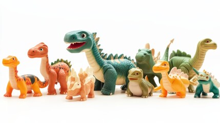 Fototapeta premium Group of cute cartoon dinosaur figurines arranged on a clean, white surface backdrop
