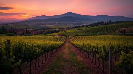 Fototapeta premium Beautiful Vineyards and Rolling Hills Bathed in the Evening Sunlight