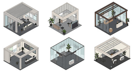 Isometric glass offices and interior setups pack