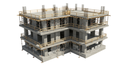 Concrete Frame of a Building Under Construction with Scaffolding on a Transparent PNG Background , construction, concrete, frame, structure, scaffolding, construction site