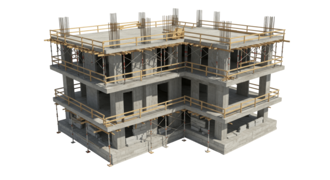 Concrete Frame of a Building Under Construction with Scaffolding on a Transparent PNG Background , construction, concrete, frame, structure, scaffolding, construction site - Powered by Adobe