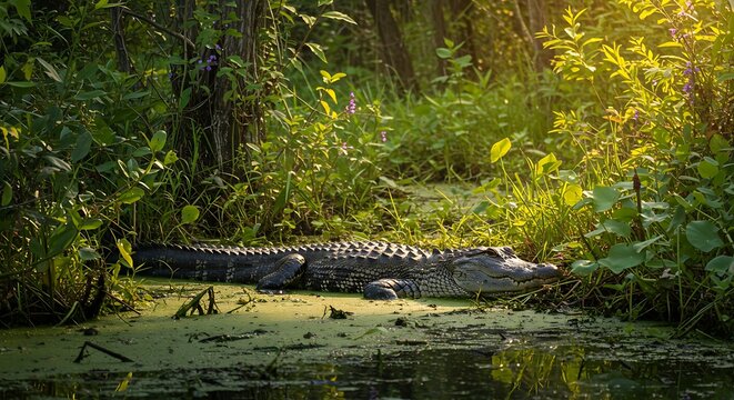 Alligator in Swamp Water with Plants