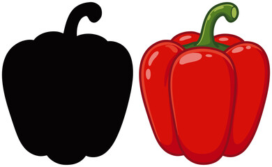 Vector illustration of a red bell pepper with a green stem beside its black silhouette, showcasing a vibrant, glossy vegetable in a clean, flat style perfect for food designs.