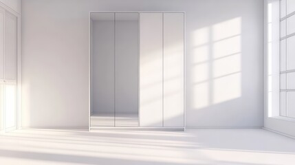 Minimalist interior design with a white wardrobe, bathed in soft sunlight atmosphere