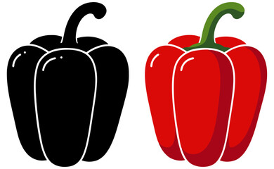 Vector illustration of a red bell pepper with a green stem beside its black silhouette, showcasing a vibrant, glossy vegetable in a clean, flat style perfect for food designs.