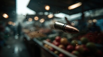 Bullet penetrating a windowpane in a marketplace.