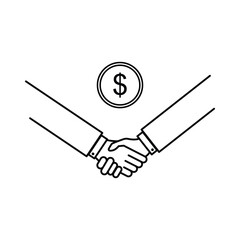 thin line deal icon with handshake and coin. concept of great deal between two people or easy collaboration and relation. simple linear modern logotype graphic design isolated on white background