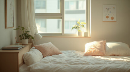 A minimalist bedroom with sunlight streaming through the window, featuring a neatly made bed with pastel pillows and a small plant, creating a cozy and tranquil atmosphere.