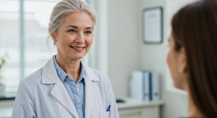 Obraz premium Mature female medical professional smiling warmly in a well lit healthcare environment with soft shadows and reassuring presence