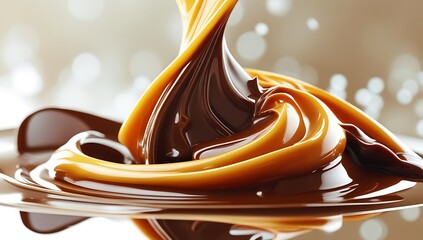 Melted chocolate on a spoon, chocolate with caramel