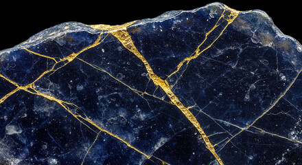 A close up of a dark blue stone slab with golden veins running through it on a black background