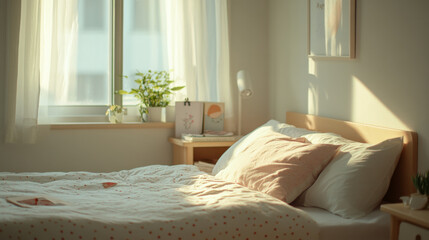 A minimalist bedroom with sunlight streaming through the window, featuring a neatly made bed with pastel pillows and a small plant, creating a cozy and tranquil atmosphere.