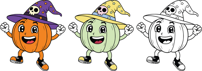 Three cheerful cartoon pumpkins wearing witch hats and sneakers, shown in orange, green, and outline variations