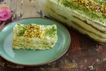 Homemade matcha pistachio tiramisu