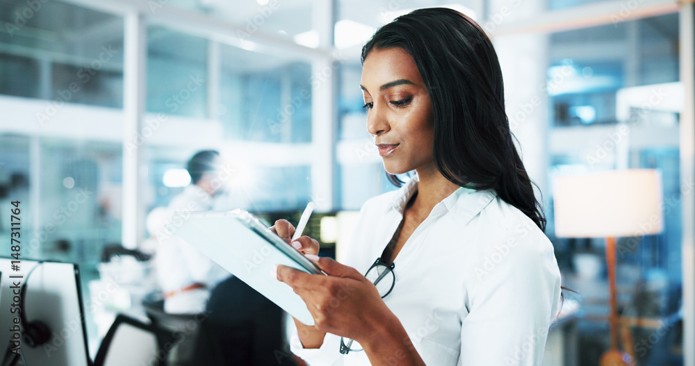Poster Woman, developer and writing on tablet in office for IT, coding software and customer support. Person, digital and online programming, website application and troubleshooting system at call centre