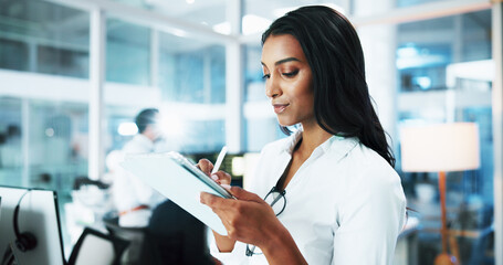 Woman, developer and writing on tablet in office for IT, coding software and customer support....