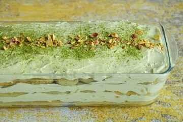 Homemade matcha pistachio tiramisu