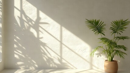 Soft Sunlight and Palm Leaf Shadows on White Wall