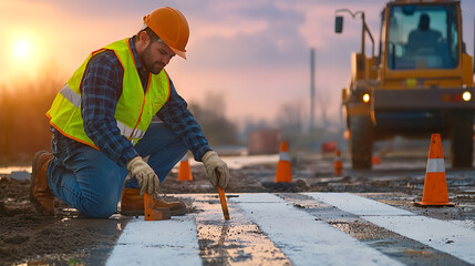 Construction worker performing road marking at sunset outdoor job site photography urban environment side view safety awareness