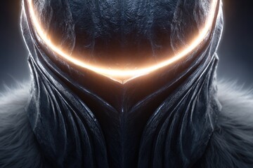 Close-up view of a dark, detailed, fantasy helmet.