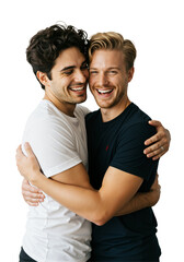 Obraz premium Two young adult Caucasian men, a gay couple, share a joyful and affectionate hug while laughing, isolated on a transparent background in a studio portrait.