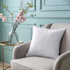 Mockup of a decorative pillow resting on an armchair in a pastel-colored room with soft lighting and a calm atmosphere