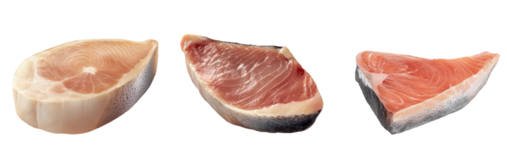 Fresh seafood cuts: Offering a trio of succulent seafood cuts, each meticulously displayed in a photorealistic presentation, inviting culinary exploration and appetizing potential.