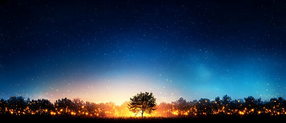 Fototapeta premium Majestic Nighttime Landscape With Glowing City Lights And Trees