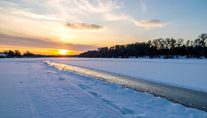 Obraz premium Frozen Lake Sunset: A Winter Wonderland