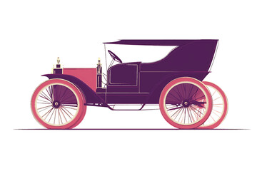 Vintage classic car illustration with large spoked wheels and open top design in bright red and purple tones, representing early automotive history, retro style, and classic transportation.

