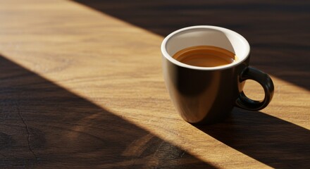 Espresso in Dark Cup on Wooden Table in Sunlight