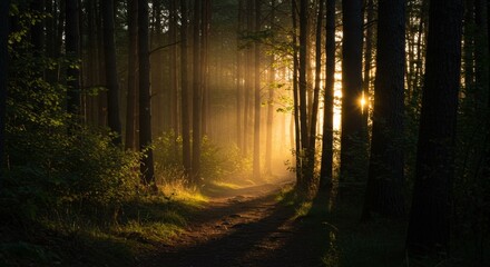 Obraz premium Sunlit Forest Path at Dawn