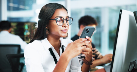 Computer, businesswoman and programmer with smartphone in office, coding software and download app. Coworking, female person and developer with mobile for reading info, seo update and typing on break