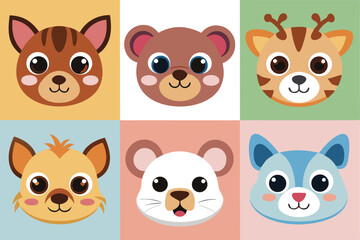 Cartoon animal portraits feature diverse mammals, including a brown bear and a blue raccoon