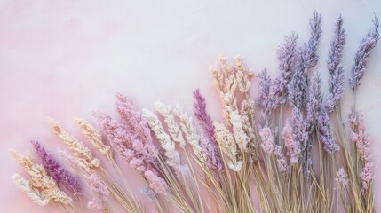 Dried flowers arranged on soft pastel background