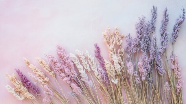 Dried flowers arranged on soft pastel background