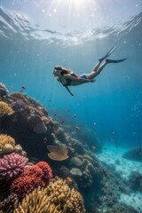Freediving woman near coral reef underwater